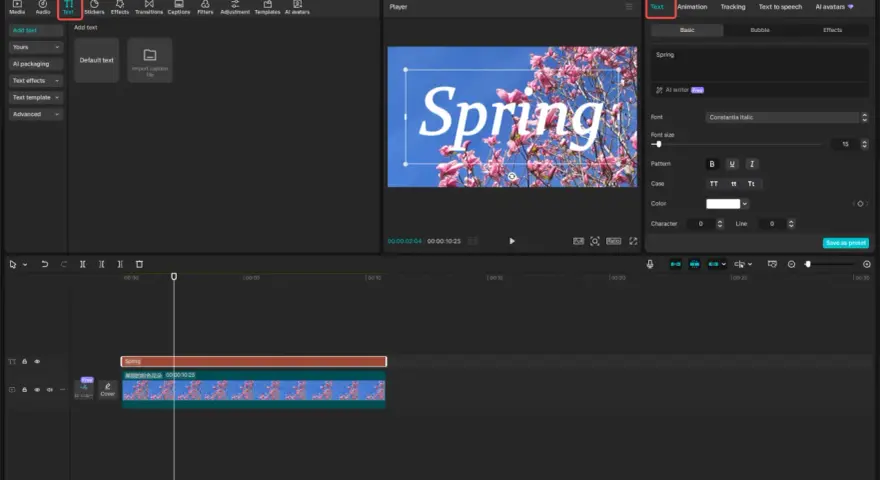 Edytor wideo z opcjami tekstu, gdzie słowo "Spring" jest wyświetlane na tle kwitnącej wiśni.