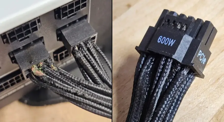 Uszkodzony kabel 12VHPWR 600W PCIe. Widoczne stopione złącze i przetarte przewody.