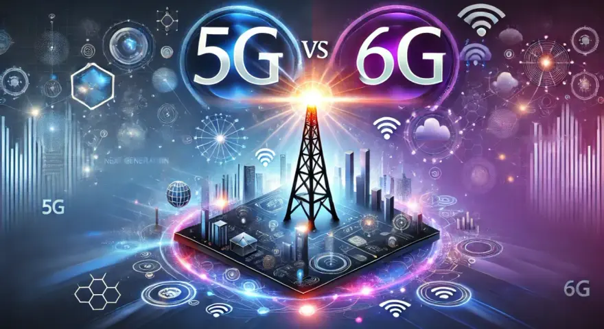 Porównanie 5G i 6G: futurystyczna wizja technologii sieciowych z wieżą transmisyjną w centrum.