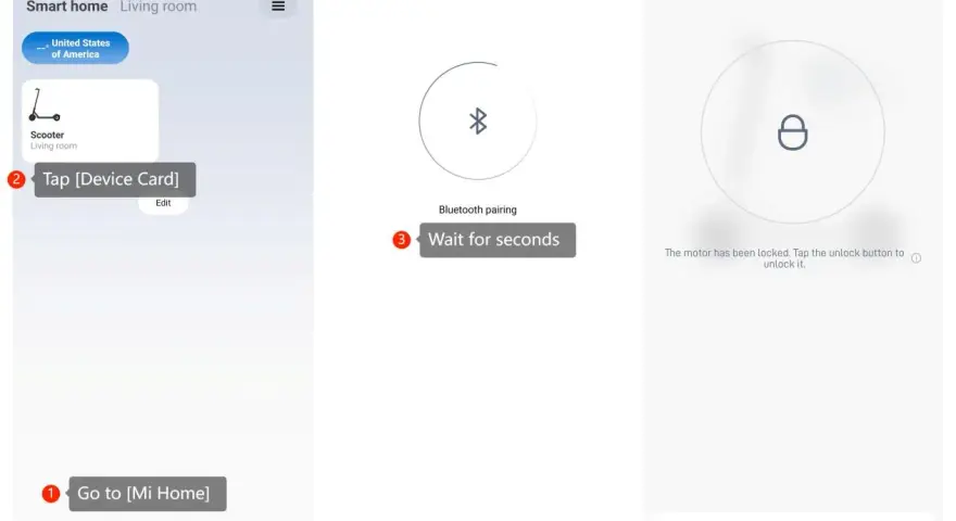 Ekran aplikacji Xiaomi Mi Home pokazujący połączenie hulajnogi przez Bluetooth.