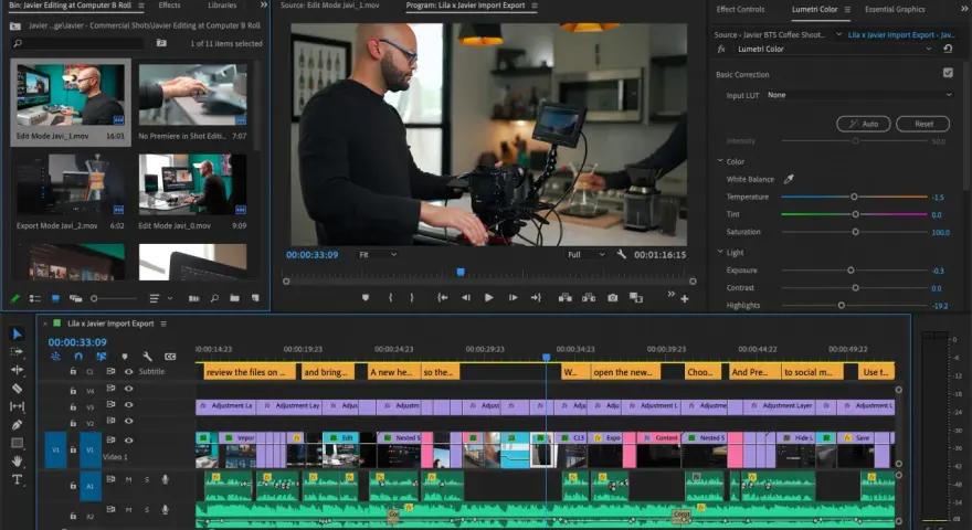 Edycja wideo w Adobe Premiere Pro: montażysta pracuje nad projektem, dodając klipy i efekty, w tym korekcję kolorów Lumetri Color.