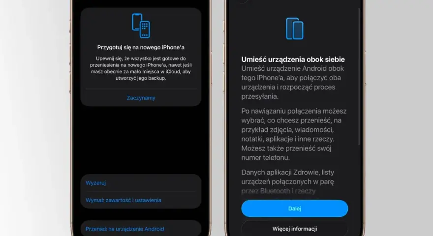 Przygotowanie do przeniesienia danych na nowego iPhone'a. Ekran z opcją "Przenieś na urządzenie Android" i instrukcjami, jak umieścić urządzenia obok siebie, by rozpocząć transfer. ios 26.3.