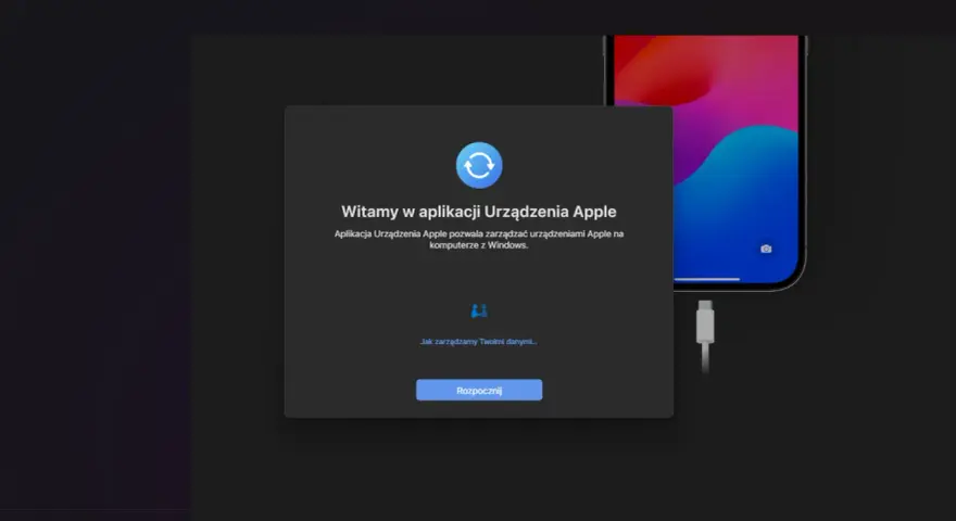 Aplikacja Urządzenia Apple na Windows, gotowa do zarządzania Twoim iPhonem i wykonania backupu.