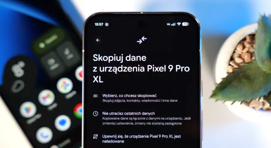 Jak przenieść dane z telefonu na telefon Android? Ekran telefonu Pixel 9 Pro XL pokazuje opcje kopiowania danych, zdjęć i kontaktów.