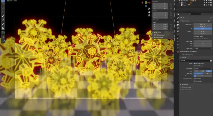 Wizualizacja wirusów w programie **blender program**. Żółte, krystaliczne obiekty wirusów unoszą się nad szachownicą.