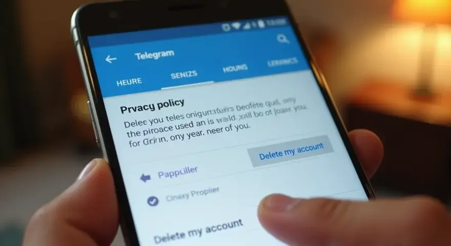 Palec dotyka przycisku "Delete my account" na ekranie telefonu, pokazując, jak usunąć konto na Telegramie.