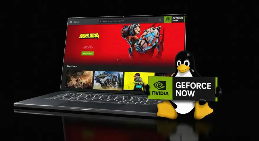 Tux z Linuksa trzyma tabliczkę GeForce NOW, obok laptopa z interfejsem NVIDIA GeForce NOW, prezentującym Borderlands 4.