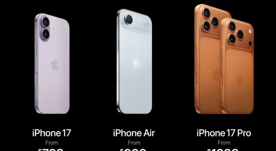 Trzy modele iPhone'ów: fioletowy iPhone 17, srebrny iPhone Air i złoty iPhone 17 Pro. Kiedy premiera iPhone 17?
