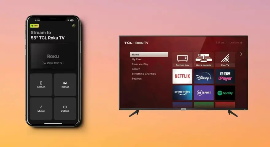 Aplikacja mobilna umożliwia klonowanie ekranu na telewizor TCL Roku TV, oferując opcje strumieniowania, zdjęć, muzyki i filmów.