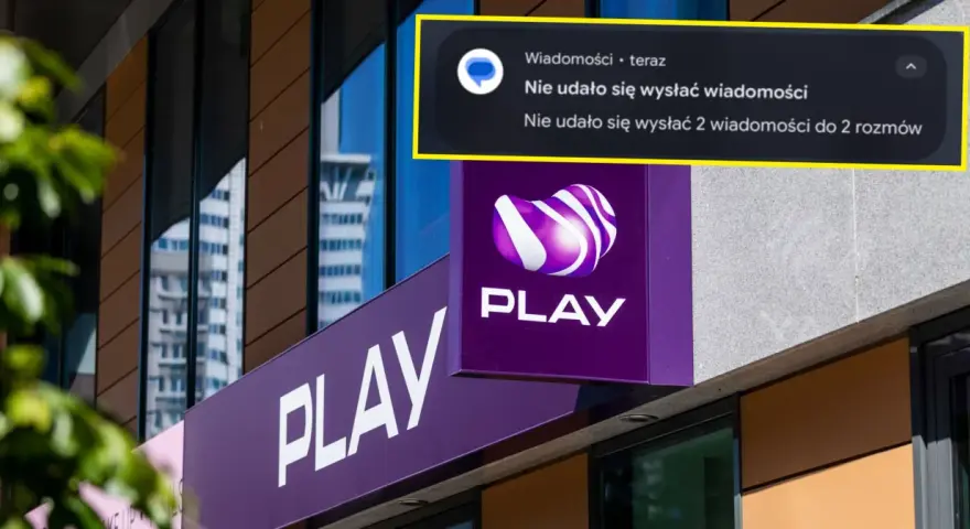 Awaria internetu Play. Komunikat o błędzie wysyłania wiadomości na tle logo operatora.