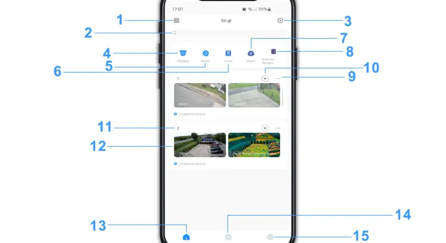 Aplikacja dmss na smartfonie pokazuje podgląd z kamer. Widoczne są ikony: Podgląd, Wideo, Drzwi, Alarm, Kontrola dostępu.
