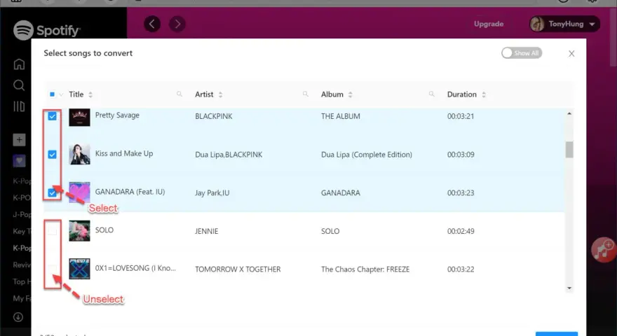 Interfejs programu do konwersji Spotify z zaznaczonymi utworami do pobrania.