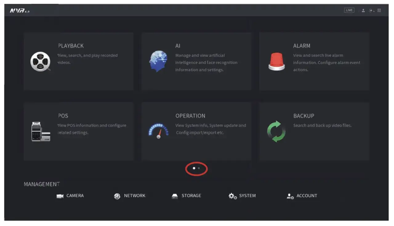 Interfejs smartpss z opcjami: Odtwarzanie, AI, Alarm, POS, Operacje, Backup. Zarządzanie kamerą, siecią, pamięcią, systemem, kontem.
