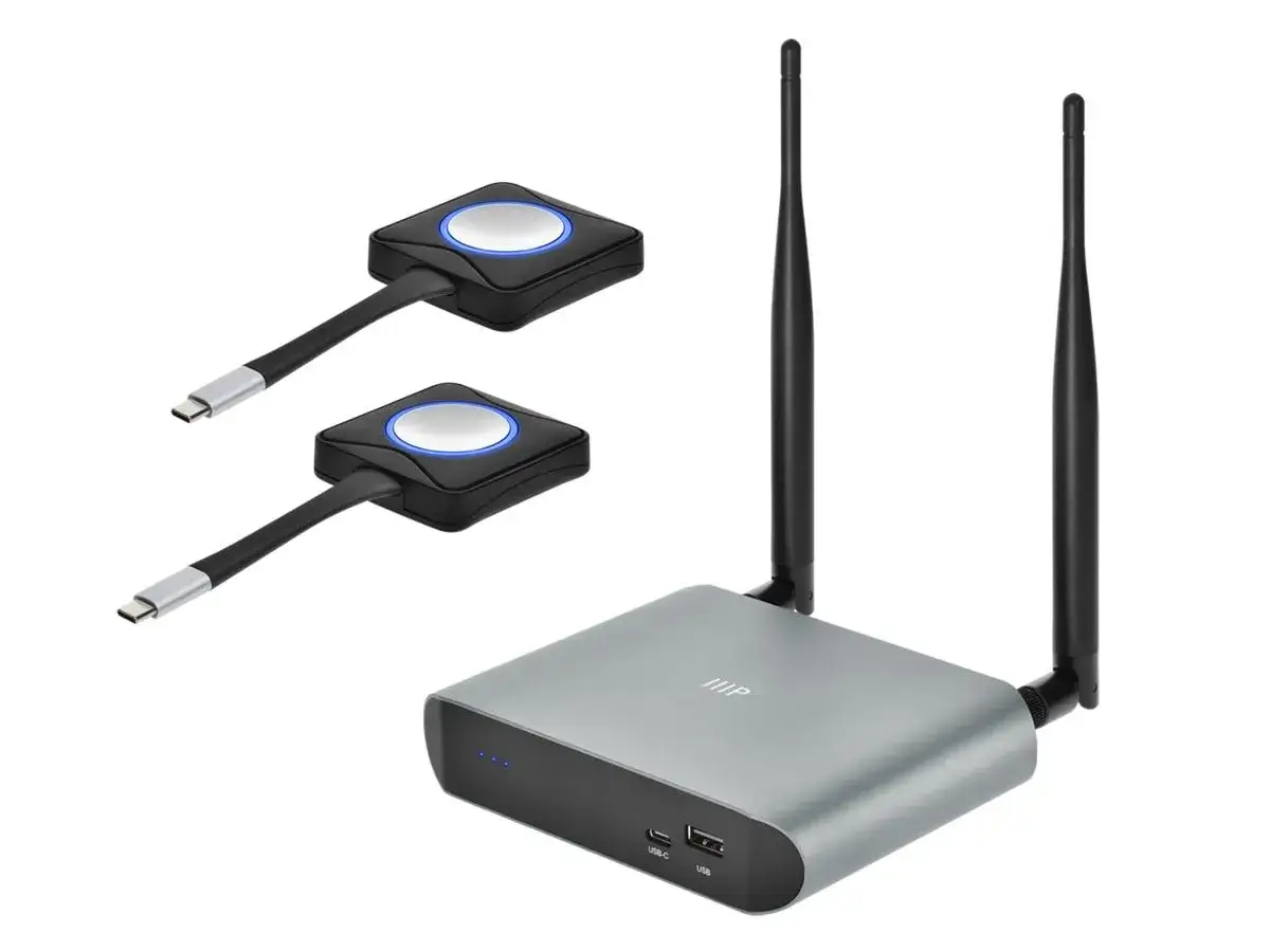 Dwa przyciski do bezprzewodowego udostępniania ekranu, które działają z technologią Miracast, oraz odbiornik z antenkami.