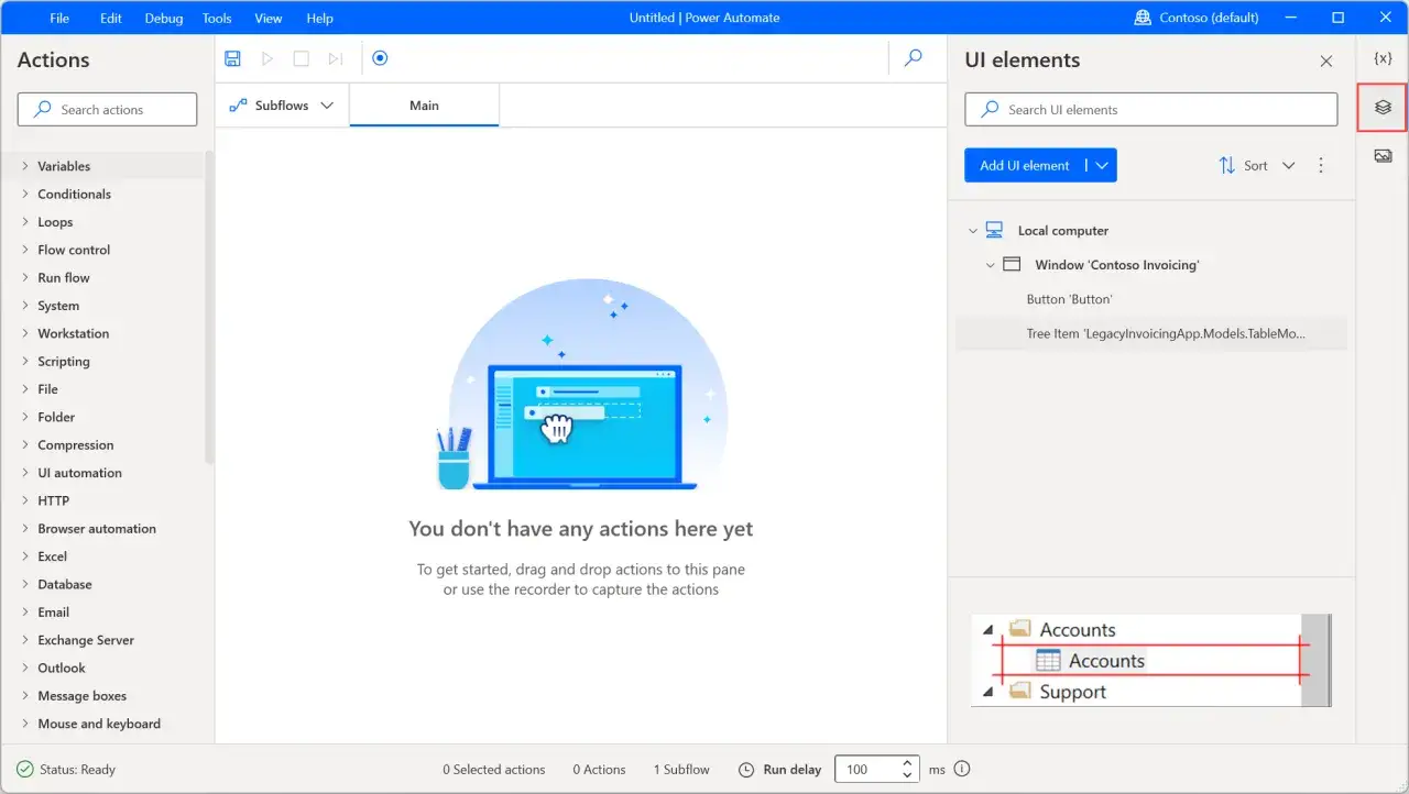 Interfejs Power Automate z listą akcji po lewej i elementami UI po prawej. Widoczne elementy 