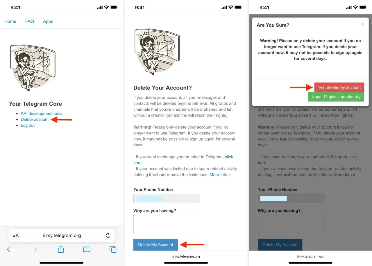 Jak usunąć konto na Telegram? Widok potwierdzenia usunięcia konta z opcjami 