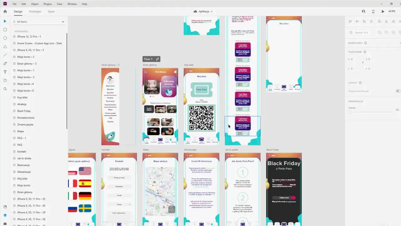 Projekt aplikacji mobilnej w Adobe XD: ekran główny, mój bilet z kodem QR, mapa atrakcji, informacje o Black Friday i Covid-19.