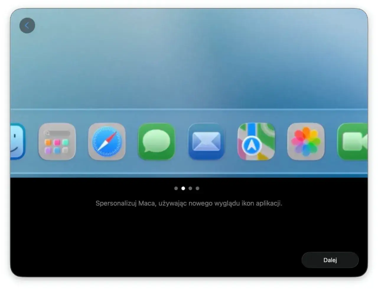 Ikony aplikacji na macOS Tahoe: Safari, Wiadomości, Poczta, Mapy, Zdjęcia, FaceTime. Personalizuj Maca.