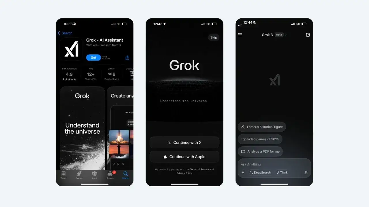 Grok co to? Aplikacja AI z X, która pomaga zrozumieć wszechświat. Widzimy ekran pobierania i logowania.