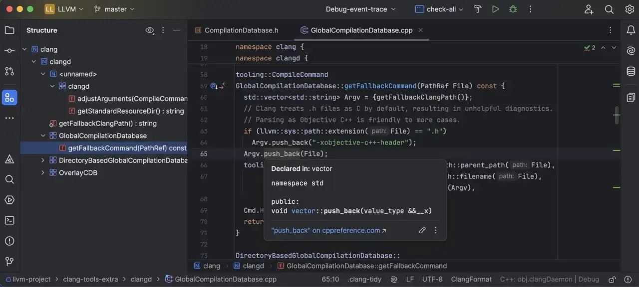 W edytorze kodu CLion widać fragment kodu C++ z funkcją `getFallbackCommand`.