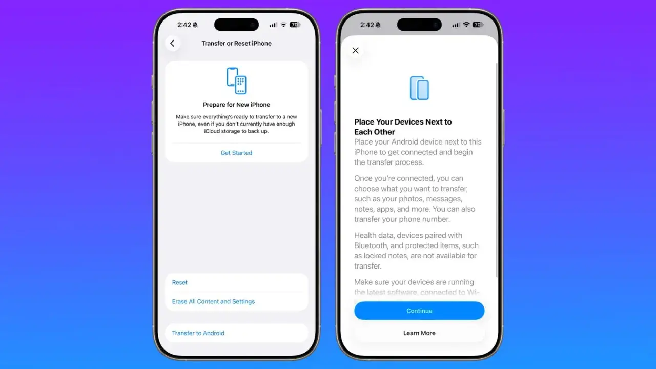 Ekran iPhone z iOS 26.3 pokazuje instrukcje przenoszenia danych z Androida.