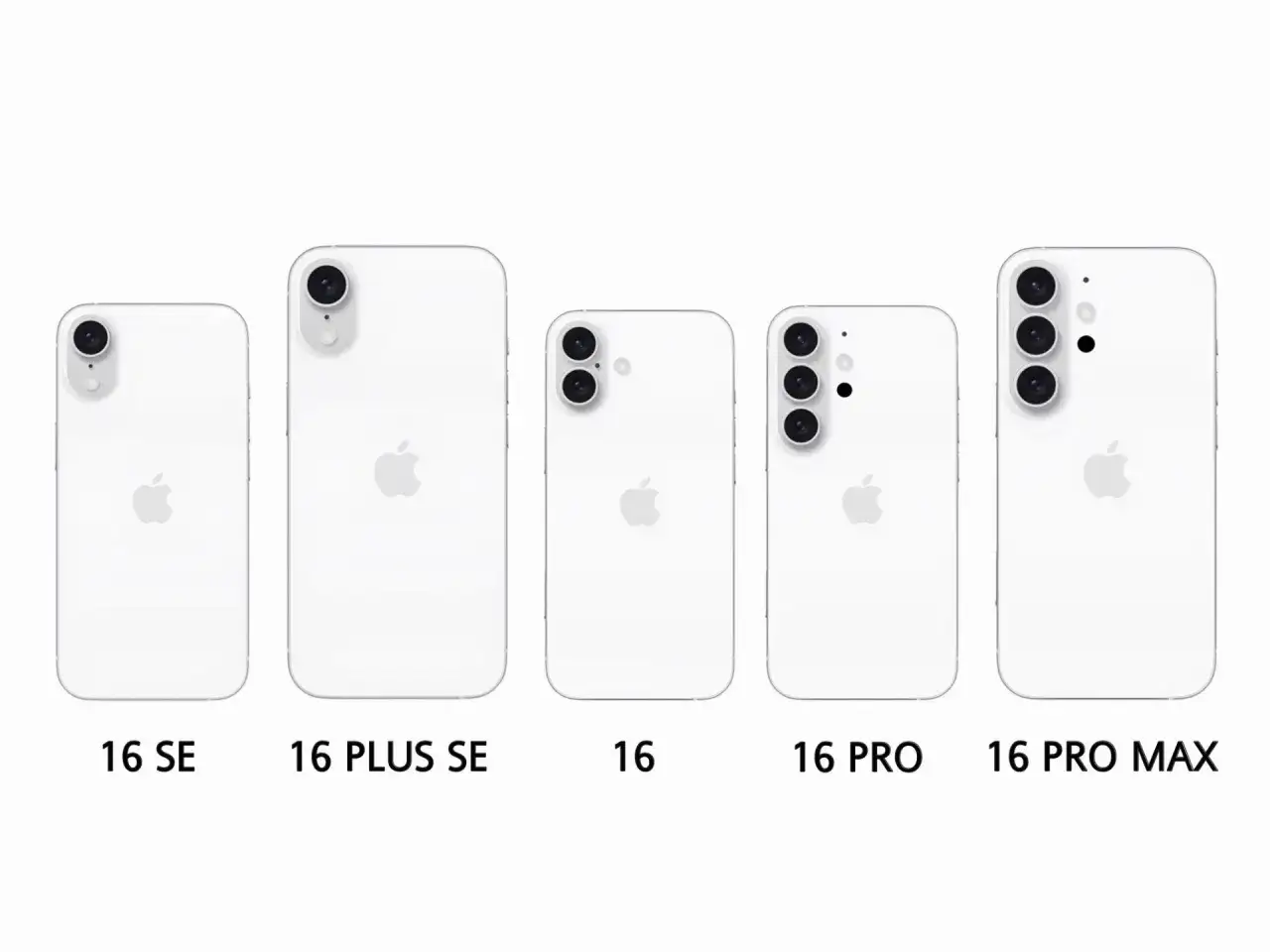 Porównanie modeli iPhone 16 SE, 16 Plus SE, 16, 16 Pro i 16 Pro Max. Różne iphone 16 wymiary i układy aparatów.