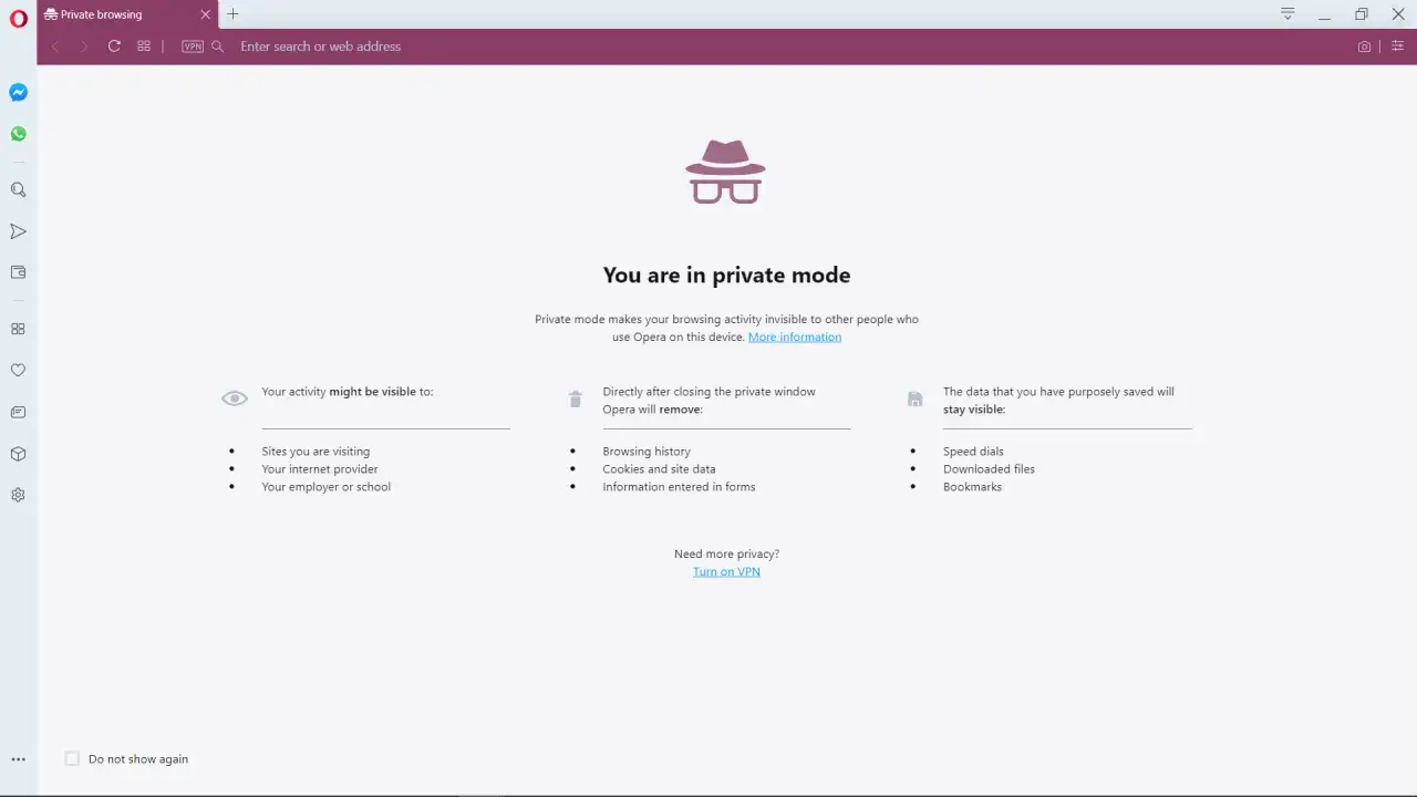 Tryb prywatny w przeglądarce Opera. Włącz VPN dla większej prywatności.