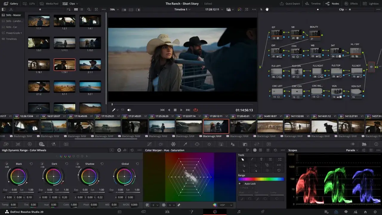 Edycja w DaVinci Resolve: kolorystka pracuje nad ujęciami z rancza, dostosowując balans bieli i nasycenie.