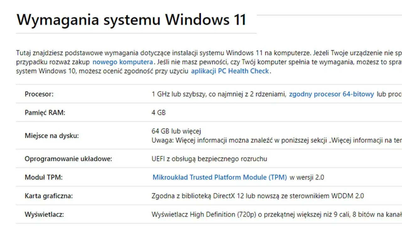 Podstawowe wymagania systemu Windows 11: procesor 1 GHz/2 rdzenie, 4 GB RAM, 64 GB miejsca, UEFI, TPM 2.0, DirectX 12, HD Display.