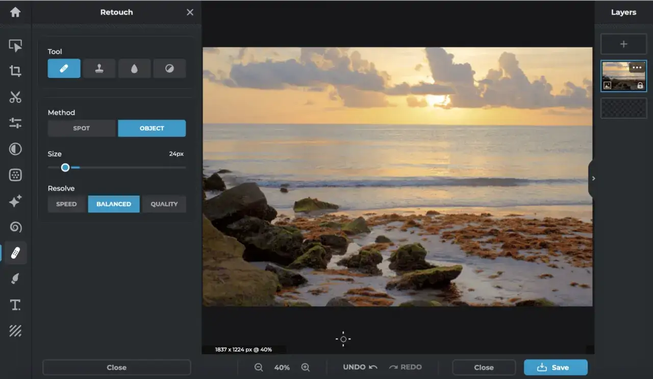 Edycja zdjęcia zachodu słońca na plaży w programie Photoscape X. Narzędzie 