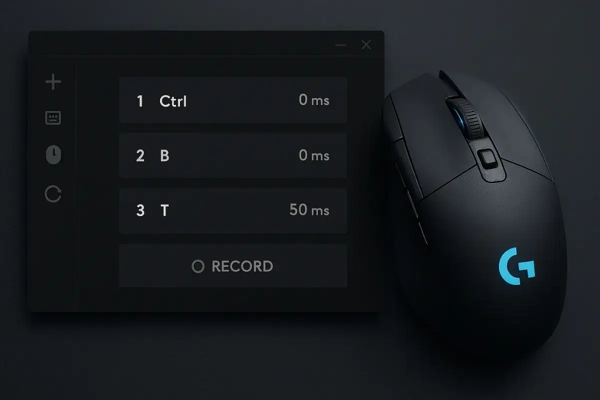 Logitech gaming software z myszką. Ustawienia makr: Ctrl, B, T z opóźnieniem 0-50 ms.