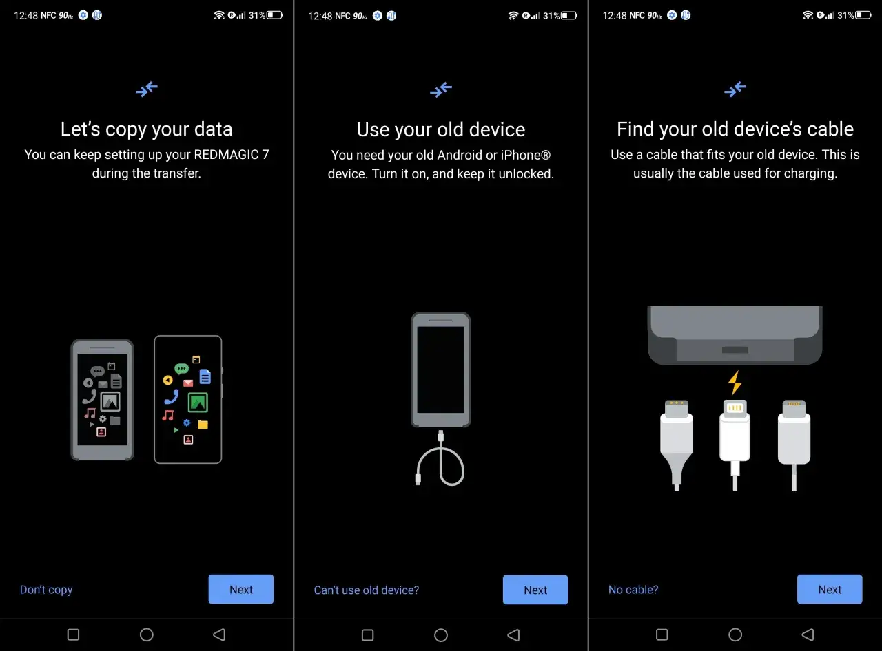 Jak przenieść dane z telefonu na telefon Android? Ekran pokazuje opcje kopiowania danych, użycia starego urządzenia lub znalezienia kabla.