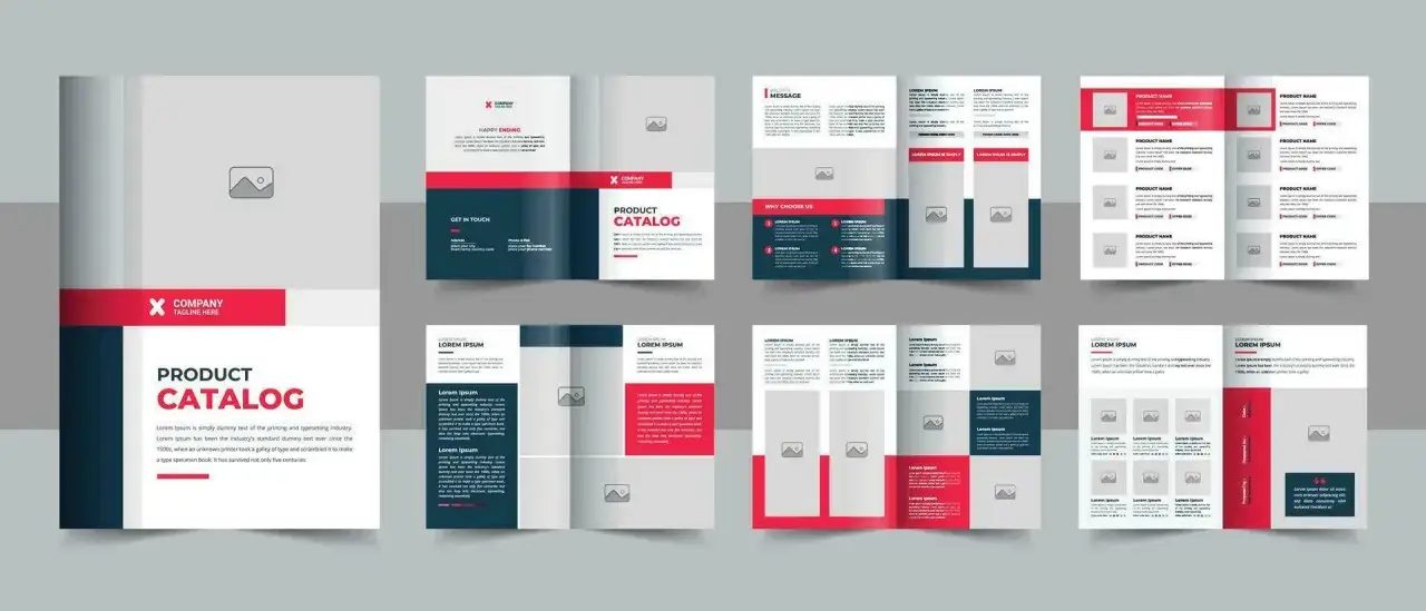 Projekt katalogu produktów w Adobe InDesign, z układem stron, miejscami na zdjęcia i tekstem.