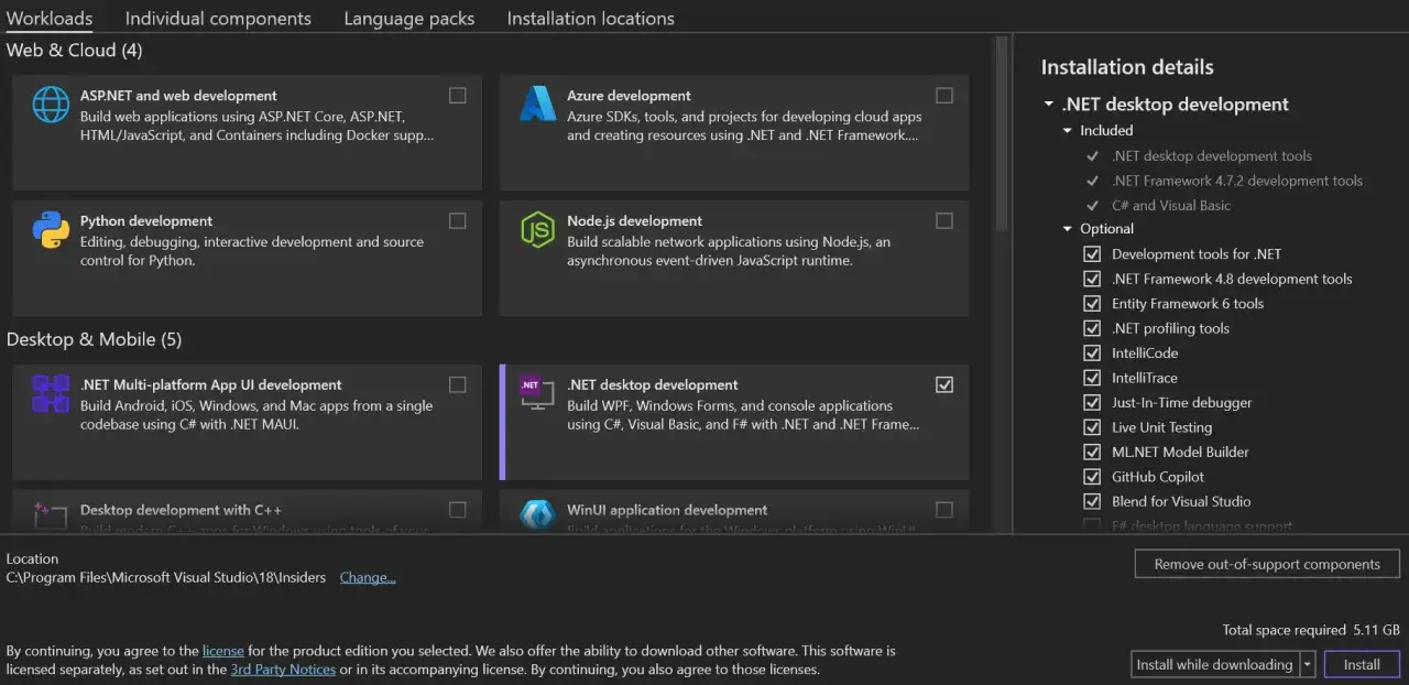Instalator Microsoft Visual Studio pozwala wybrać obciążenia, np. .NET desktop development, do tworzenia aplikacji.
