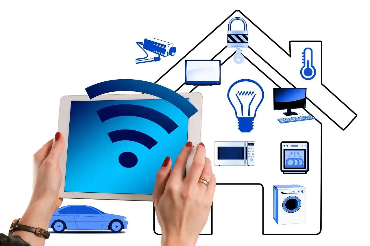 Ręce trzymają tablet z symbolem Wi-Fi, sterując inteligentnym domem: samochodem, kamerą, zamkiem, żarówką, komputerem, mikrofalówką, zmywarką i pralką. Smart connect w akcji.