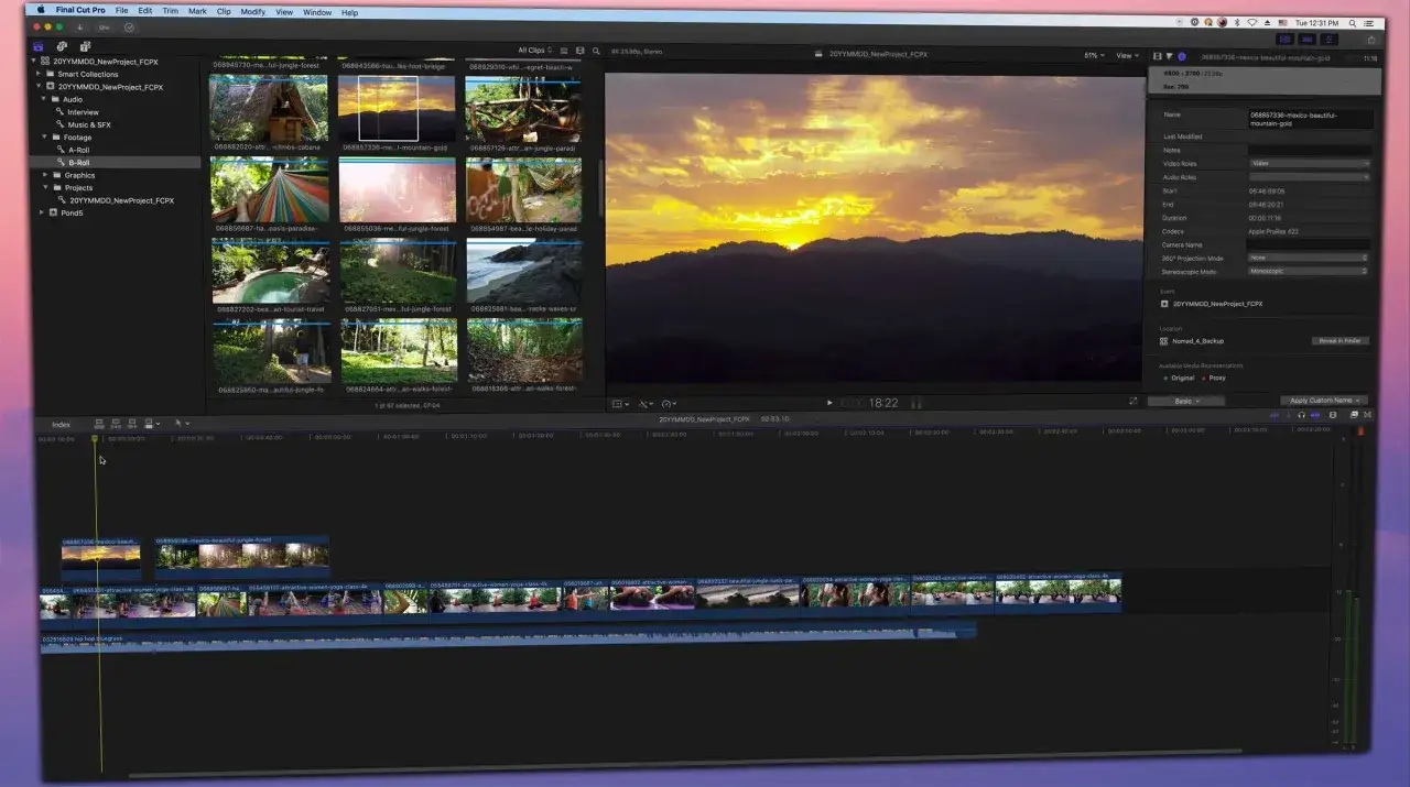 Edycja wideo w Final Cut Pro: montaż ujęć z dżungli, plaży i jogi.