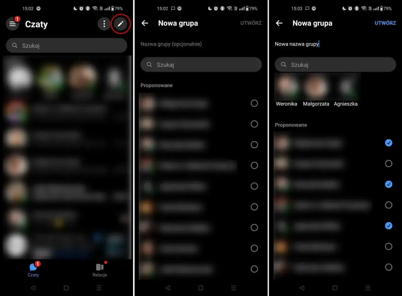 Ekran telefonu pokazuje, jak utworzyć grupę na Messengerze. Kliknij ikonę ołówka, aby rozpocząć.