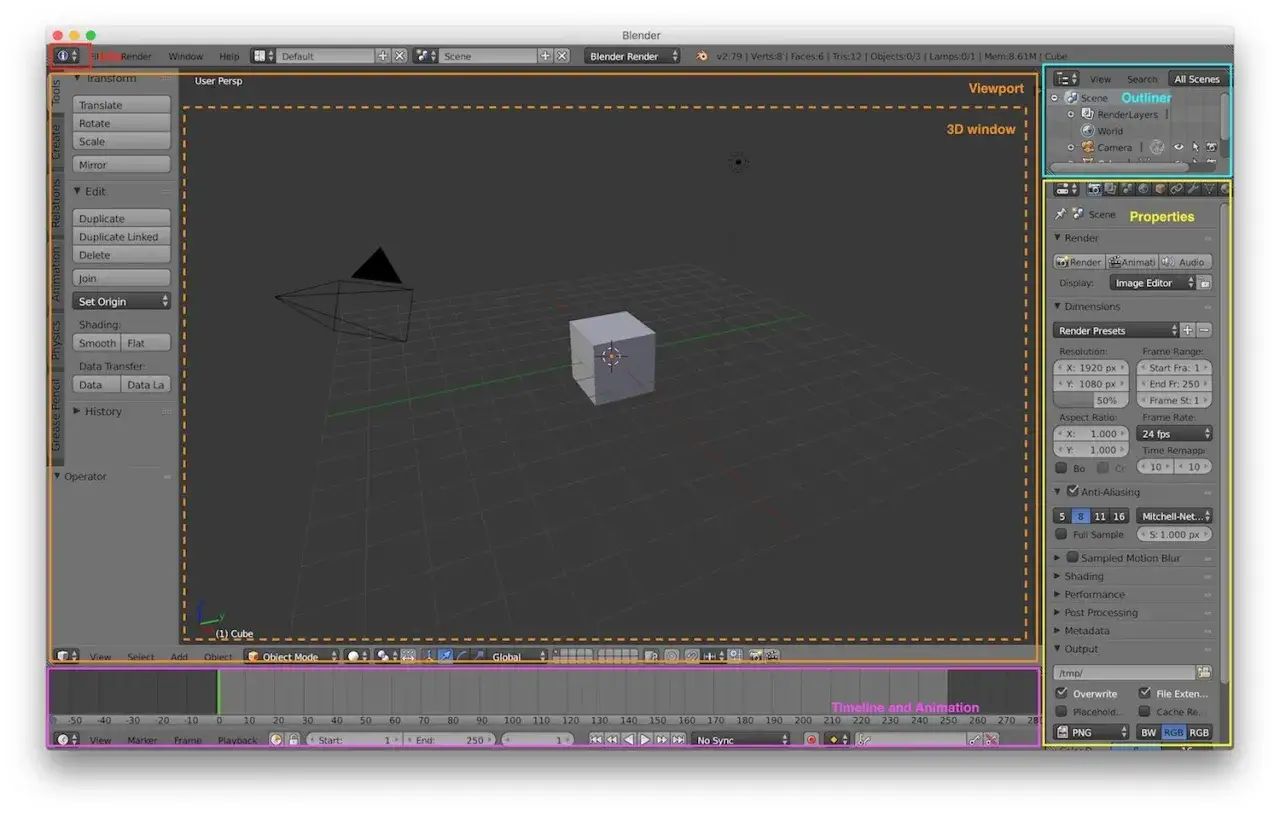Interfejs programu Blender z widokiem 3D, kostką i ustawieniami renderowania.