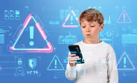 Chłopiec z telefonem, otoczony ostrzeżeniami. Wirtualne ekrany sugerują kontrolę rodzicielską na telefonie, chroniącą przed niebezpieczeństwami.
