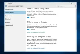 Ustawienia Windows Defender: ochrona w czasie rzeczywistym, oparta na chmurze i automatyczne przesyłanie próbek. Możliwość tymczasowego wyłączenia funkcji.