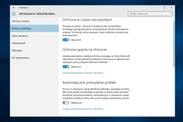 Ustawienia Windows Defender: ochrona w czasie rzeczywistym, oparta na chmurze i automatyczne przesyłanie próbek. Możliwość tymczasowego wyłączenia funkcji.