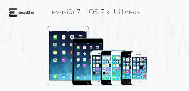 evasi0n7 - iOS 7.x Jailbreak od evad3rs. Grupa urządzeń Apple z ikonami iOS, gotowa do jailbreak.