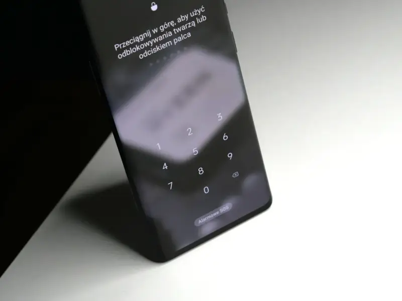 Ekran blokady Samsung z klawiaturą numeryczną i instrukcją "Przeciągnij w górę, aby użyć odblokowywania twarzą lub odciskiem palca". Pomoc, jak odblokować telefon Samsung, gdy zapomni się kodu.