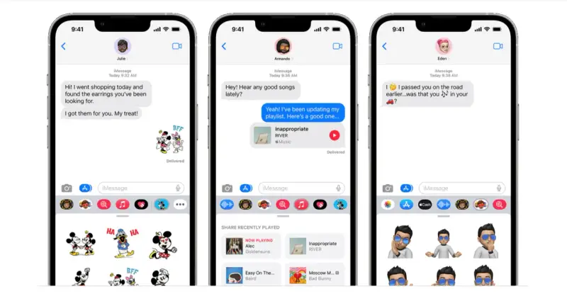Trzy ekrany iPhone'a pokazują rozmowy w iMessage: zakupy, muzyka i spotkanie na drodze.