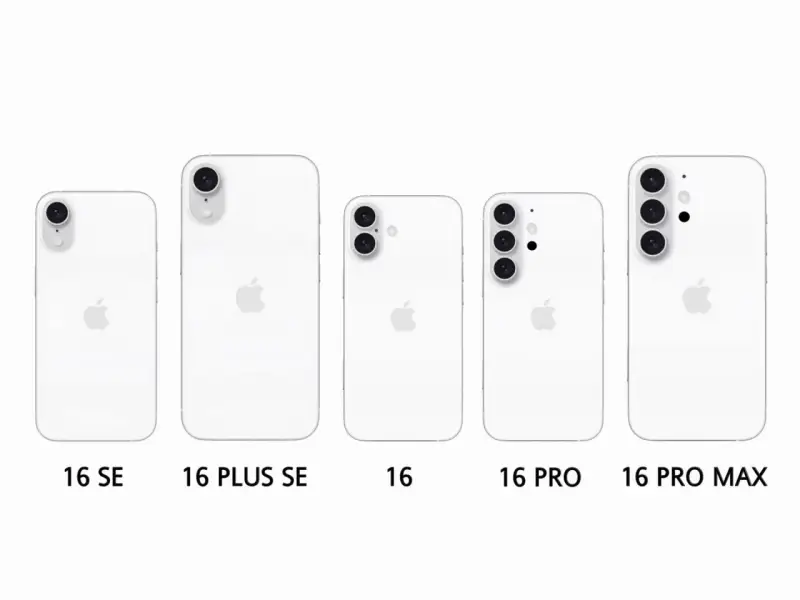 Porównanie modeli iPhone 16 SE, 16 Plus SE, 16, 16 Pro i 16 Pro Max. Różnice w wymiarach i układzie aparatów.