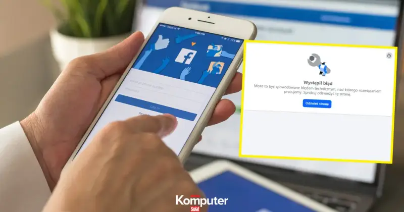 Facebook awaria dzisiaj. Na ekranie telefonu komunikat o błędzie technicznym.