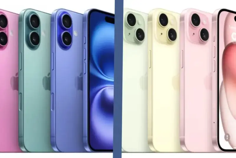 Rząd kolorowych iPhone'ów, od różowego po niebieski, obok innych modeli w pastelowych barwach. Czy to iPhone 15 czy 16?