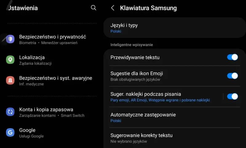 Ustawienia klawiatury Samsung: jak wyłączyć autokorektę? Widok opcji "Sugerowanie korekty tekstu" i "Przewidywanie tekstu".