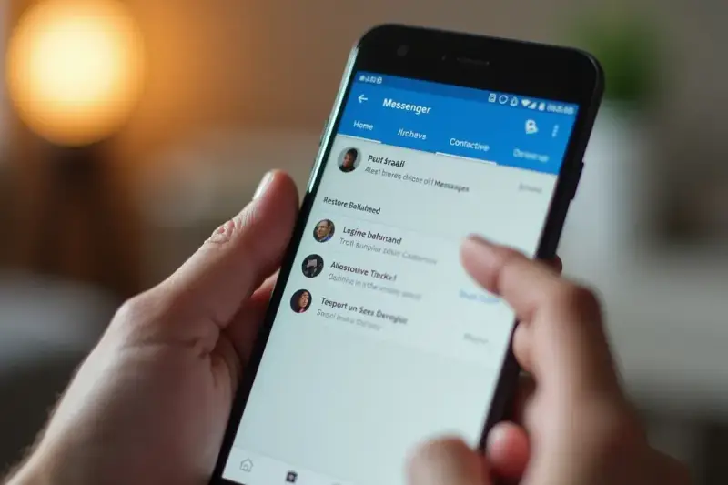 Palec dotyka ekranu telefonu z aplikacją Messenger, szukając sposobu, jak odzyskać usunięte wiadomości.