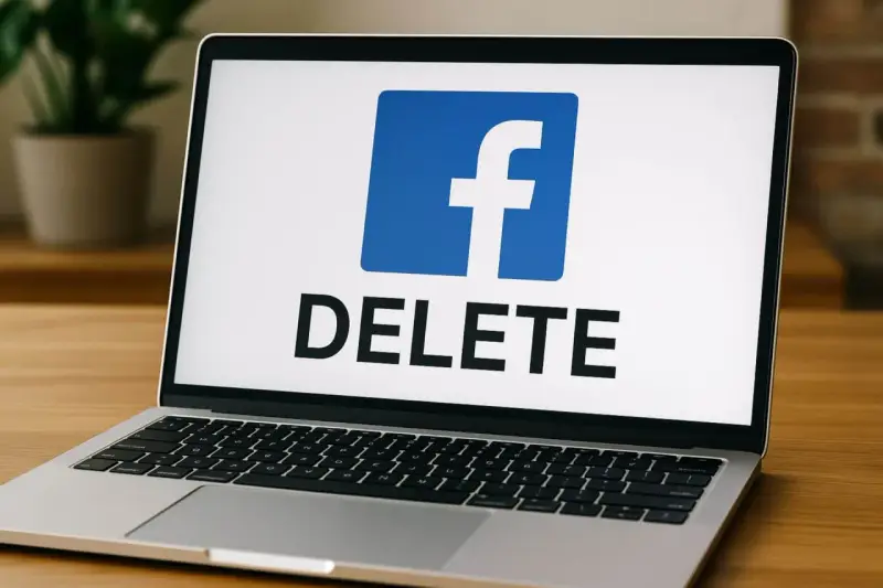 Laptop z logo Facebook i napisem DELETE. Poradnik jak usunąć konto na FB.